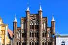 Germany, Mecklenburg-Vorpommern, Stralsund. Hanseatic style brick house facade. Art Print
